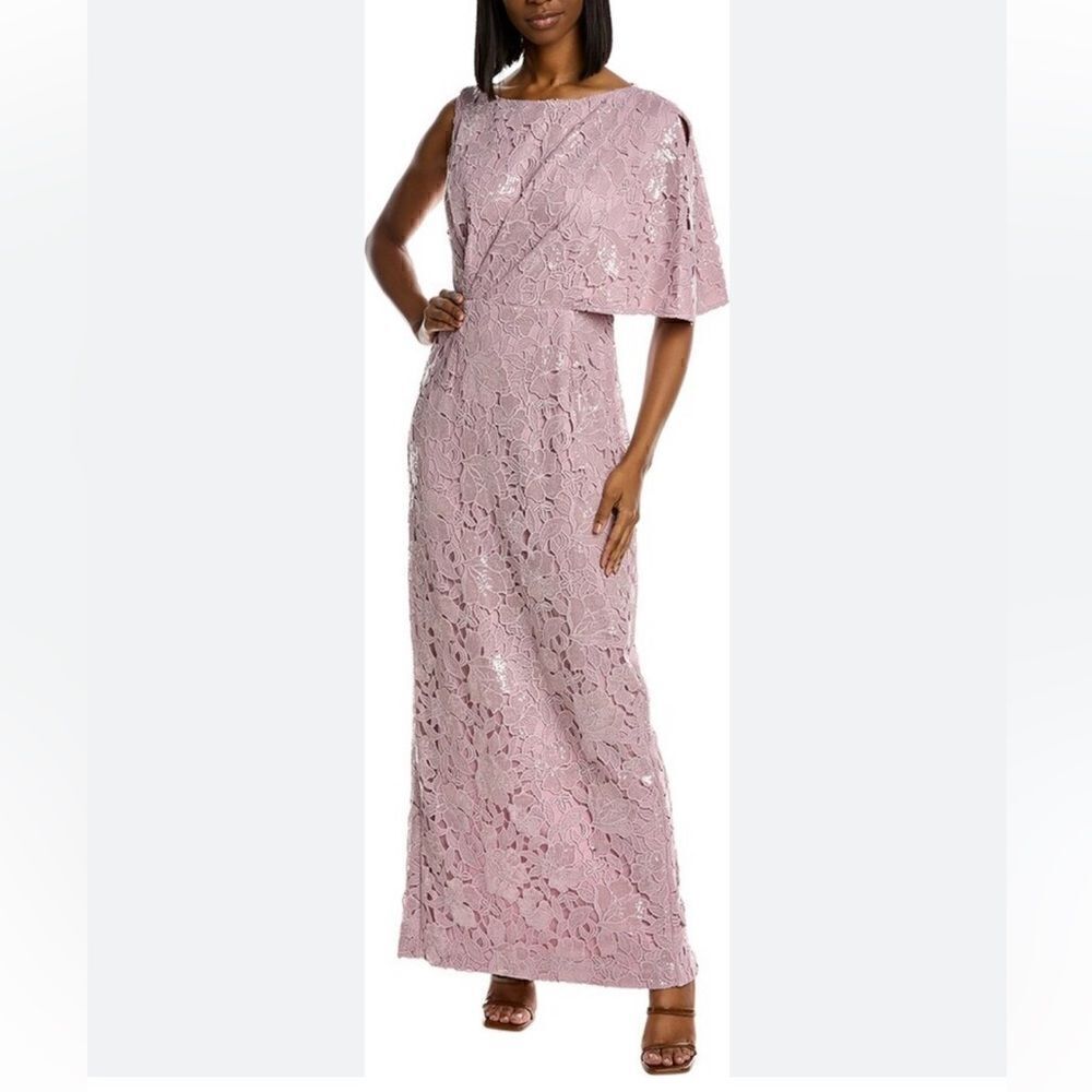 JS Collections Asymmetrical Shoulder Short Sleeve Sequin Lace Gown Size 6